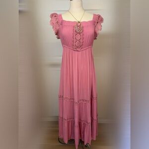 Elegant Pink Lace Trim Maxi Dress